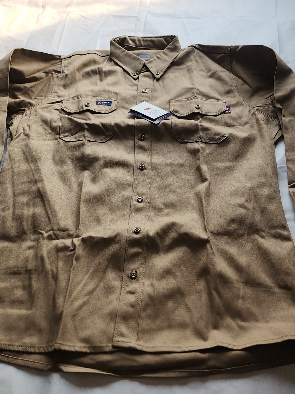 LAPCOFR FLAME-RESISTANT CAT2 MEN'S WORKWEAR KHAKI LONG SLEEVE SHIRT SZ XL- LONG